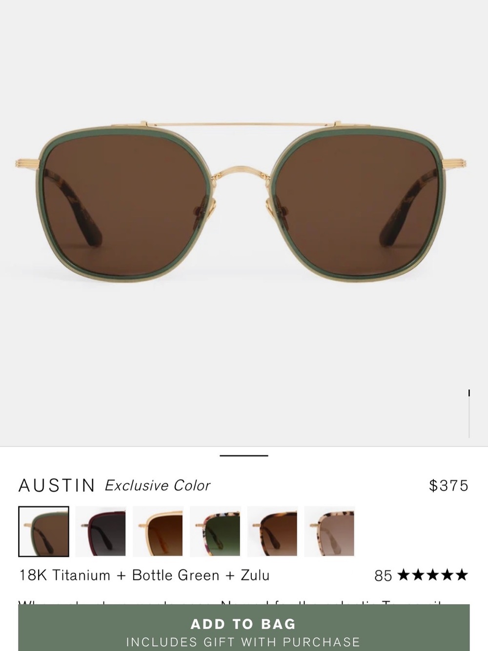 KREWE Austin Sunglasses in Bottle Green with Gold Frame